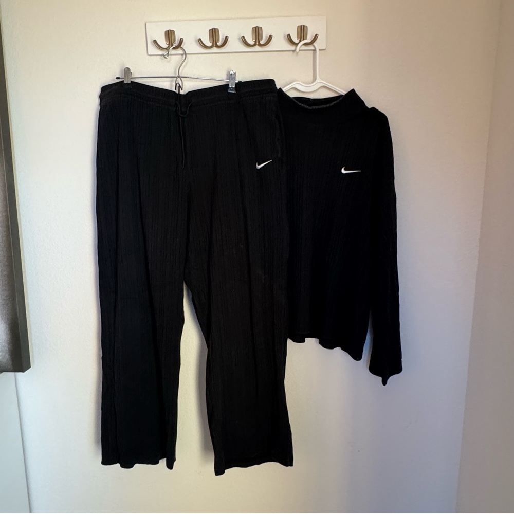 Nike Black Ribbed Loungewear Set with White Swoosh